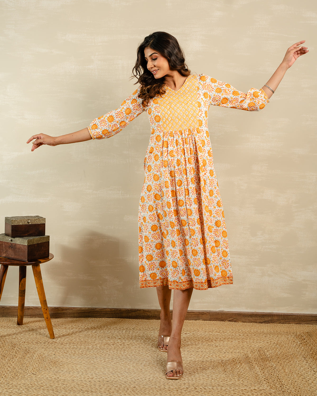 ヌキテパCotton Jacguard Marigold Print Dress Cotton Jacquard Marigold Print Kids Dress | Pasand by ne