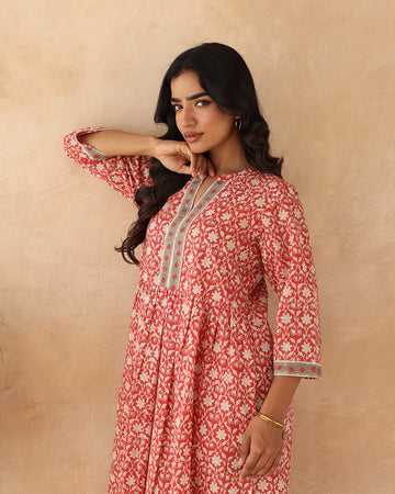 Red Hibiscus block printed dress