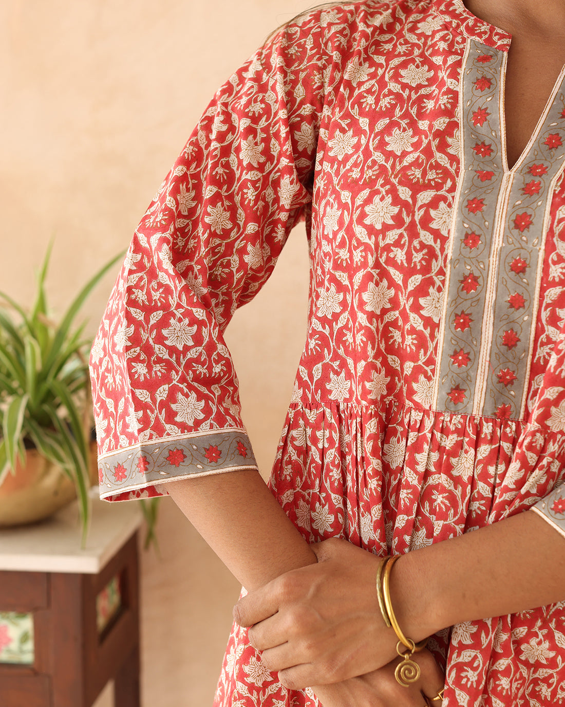 Red Hibiscus block printed dress