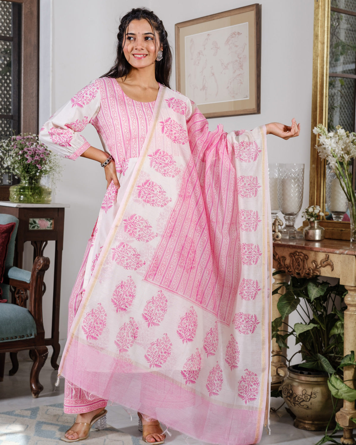 Sanganeri Buta Straight Kurta Pink